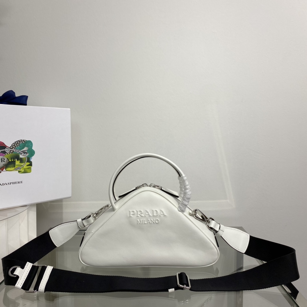 Prada Triangle Leather Shoulder Bag Tote White 1BB082